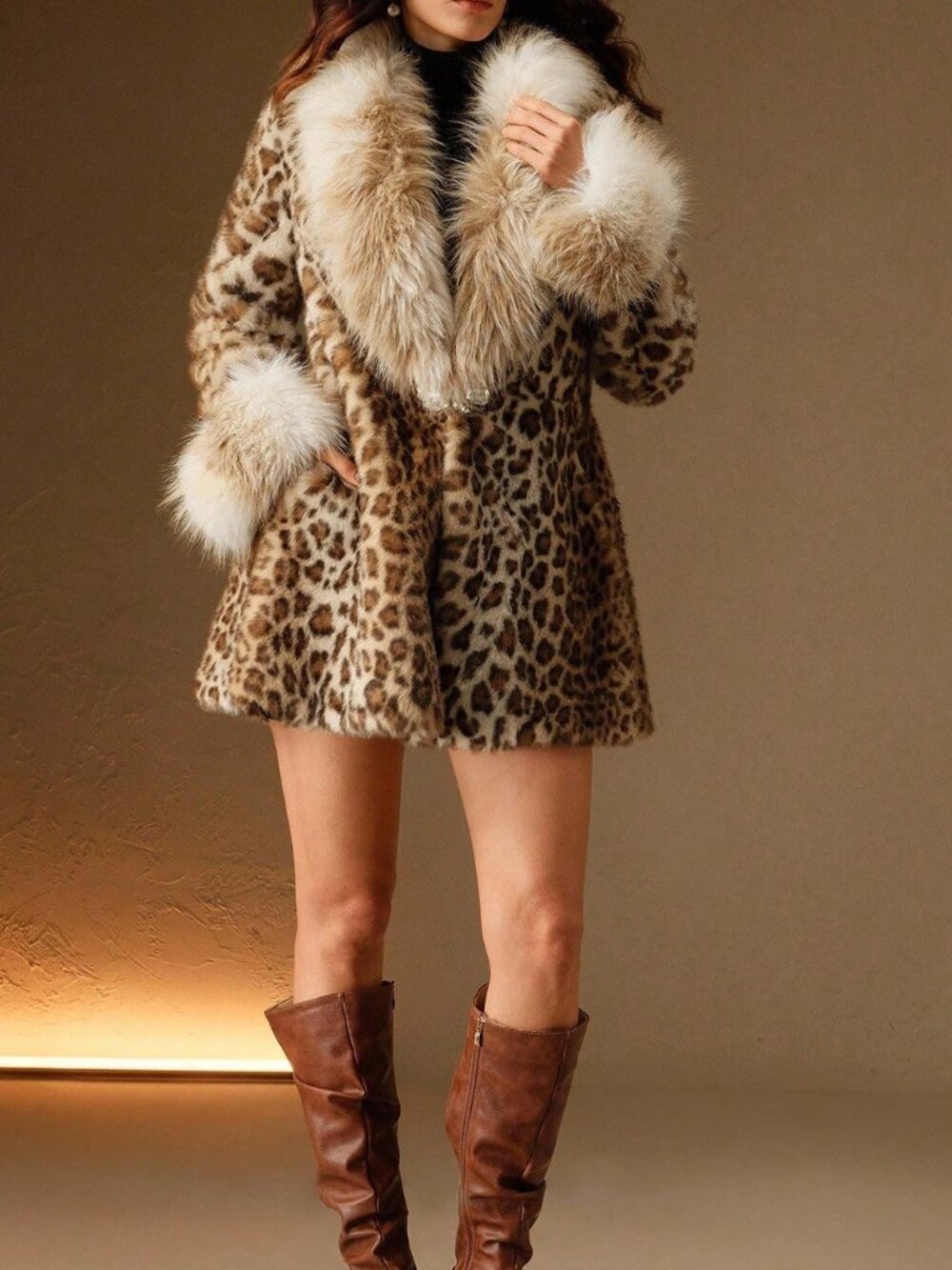 Brown Casual Women's Leopard Pattern Fluffy Fuzzy Coat - Picture 6 of 8